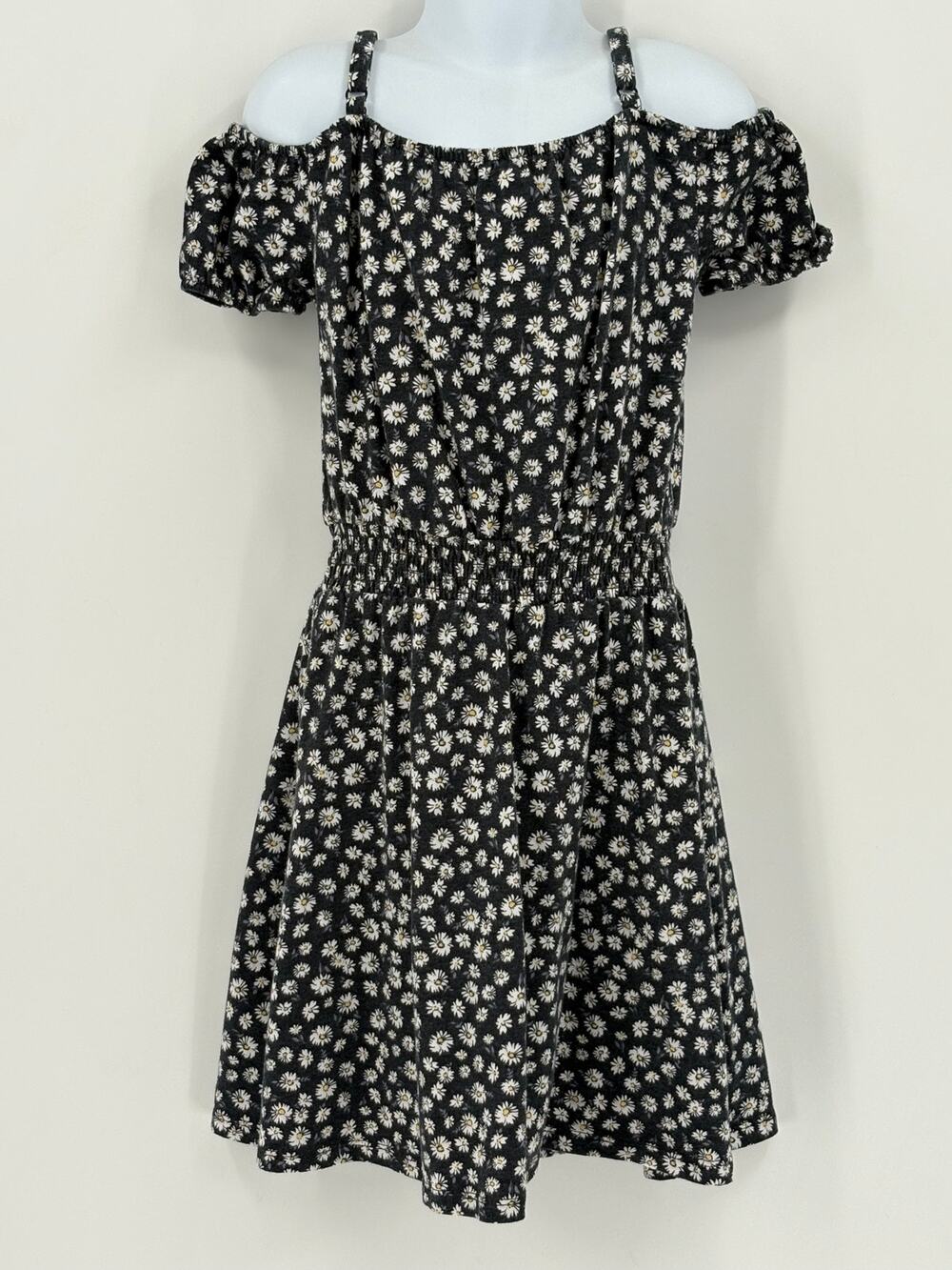 SO Girls Size M 8 Floral Daisy Romper Black White Off Shoulder Summer
